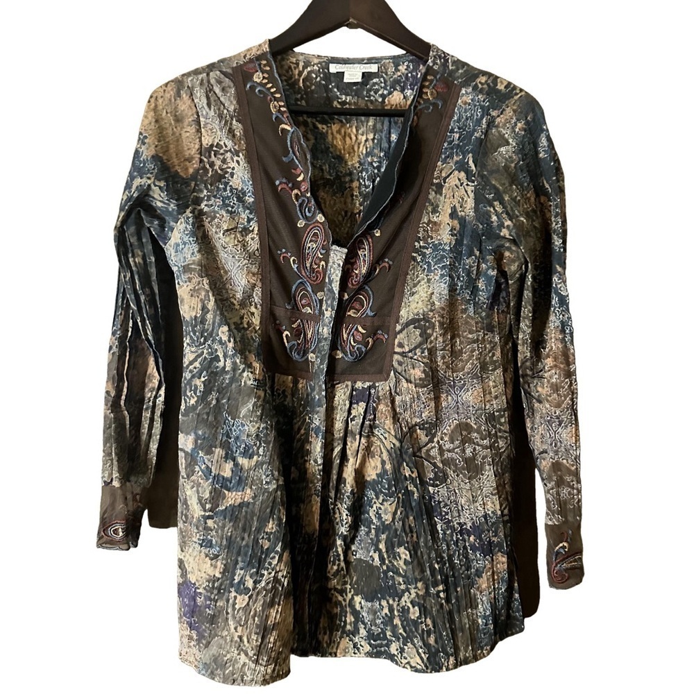 Coldwater Creek Paisley Embroidered Mesh Trim Long Sleeve Button-Up Blouse Sz M